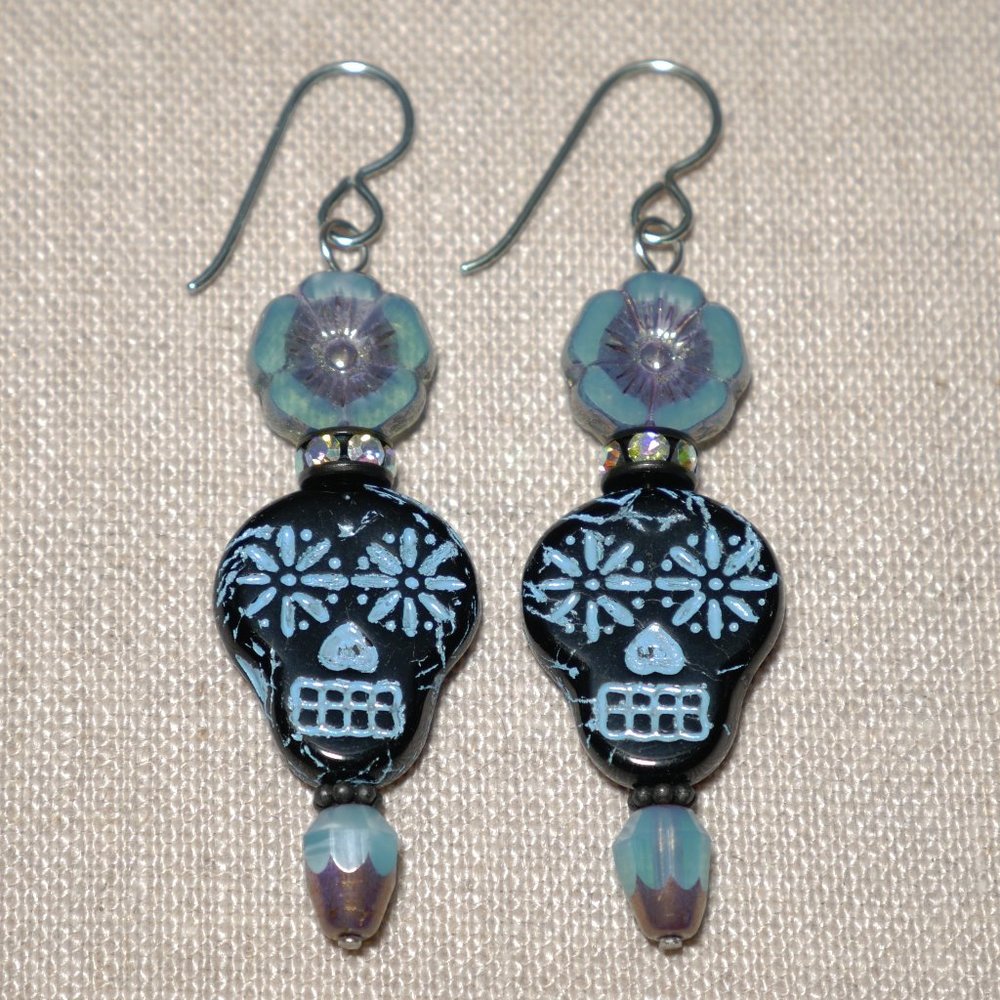 Hand Crafted Handmade Earrings Blue & Black Sugar Skull Calavera Long Ea…